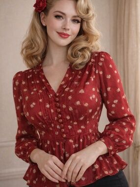Vintage Romantic Peasant Blouse | Red Floral Pintuck Button Front
